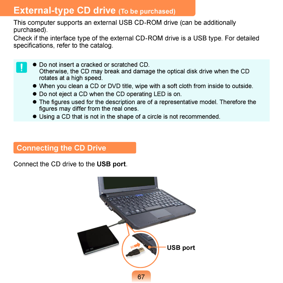 Samsung N140 manual External-type CD drive To be purchased, Connecting the CD Drive, Connect the CD drive to the USB port 