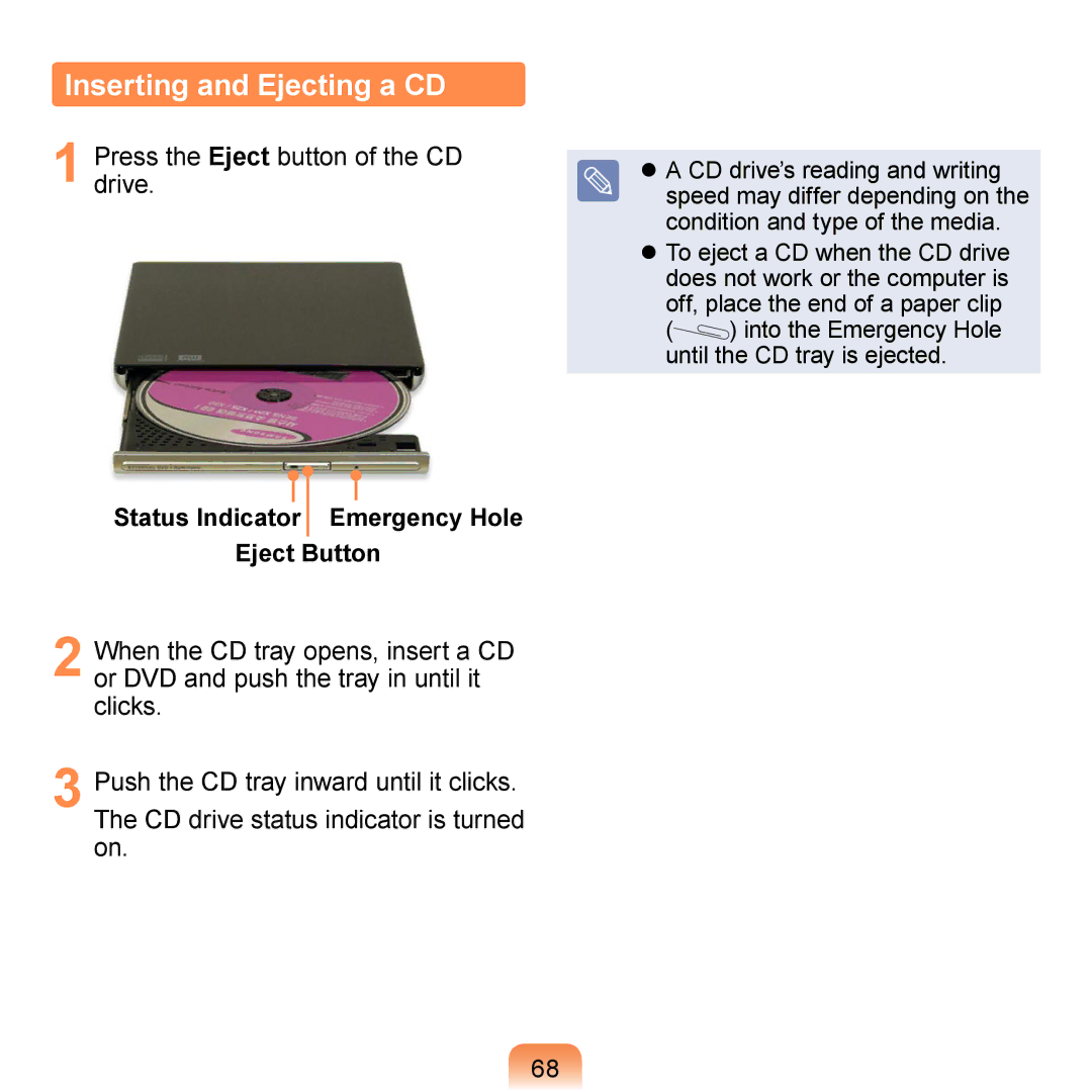 Samsung N140 manual Inserting and Ejecting a CD, Drive.Press the Eject button of the CD 