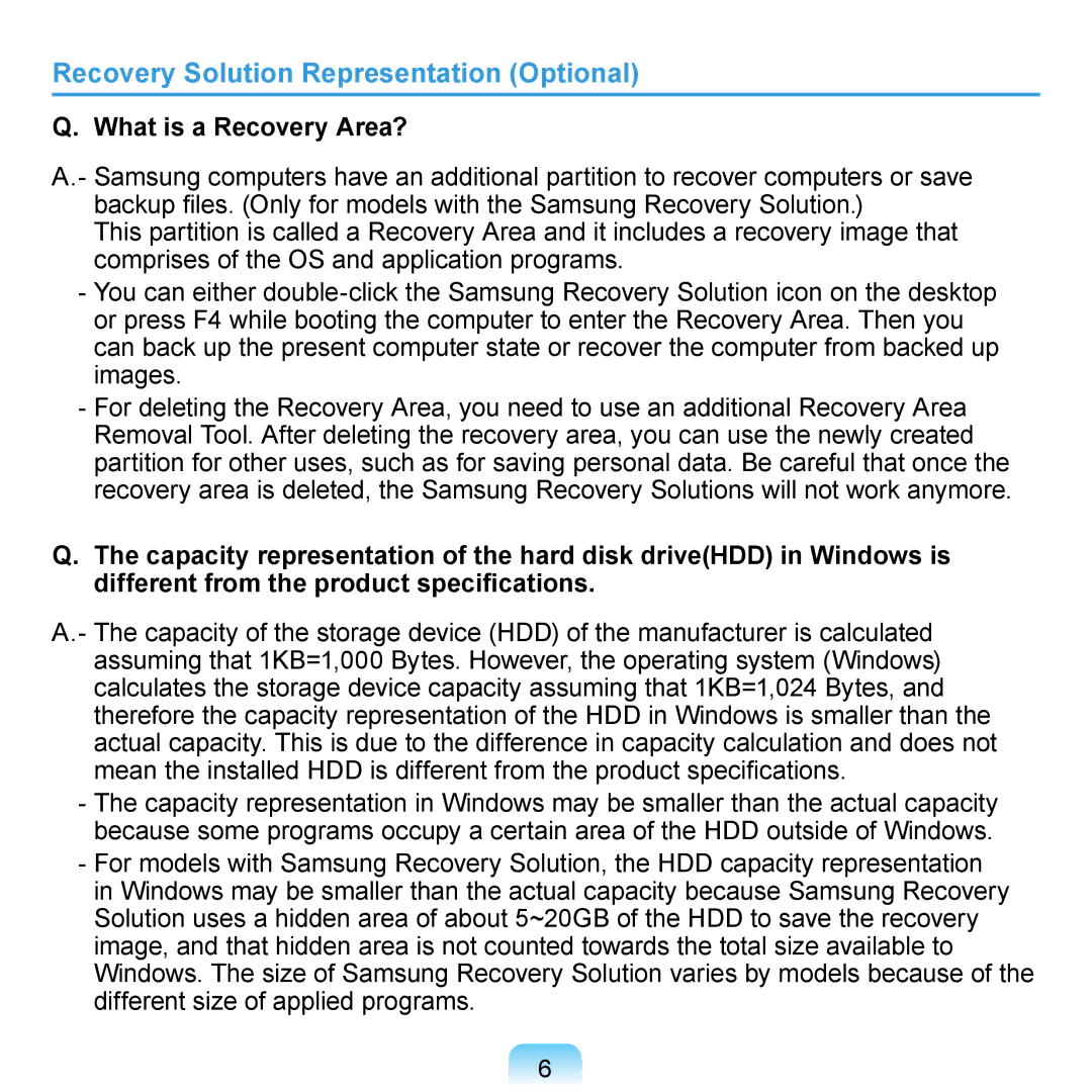 Samsung N140 manual Recovery Solution Representation Optional, What is a Recovery Area? 