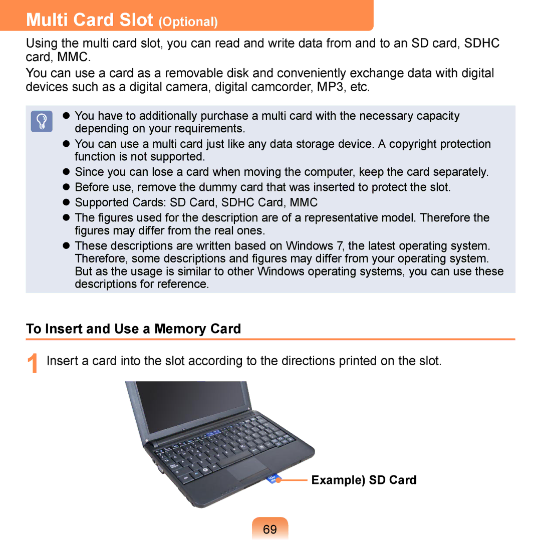 Samsung N140 manual Multi Card Slot Optional, To Insert and Use a Memory Card, Example SD Card 