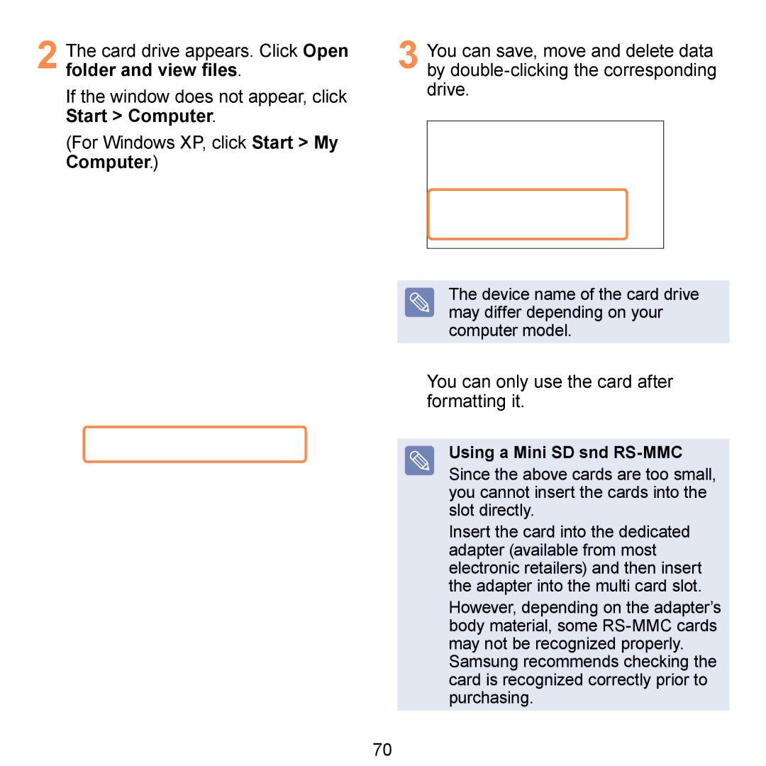 Samsung N140 manual You can only use the card after formatting it, Using a Mini SD snd RS-MMC 