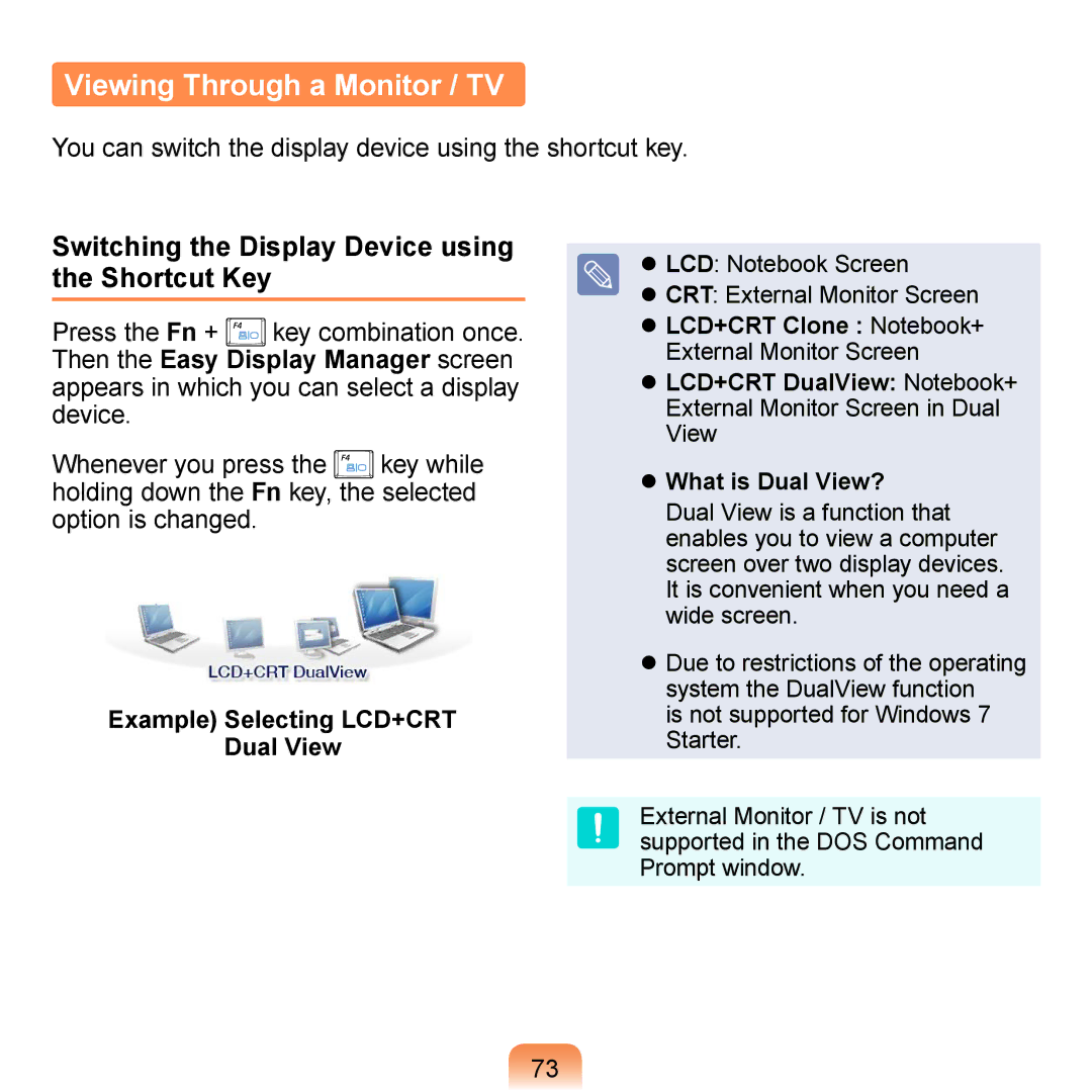 Samsung N140 manual Viewing Through a Monitor / TV, Switching the Display Device using the Shortcut Key 