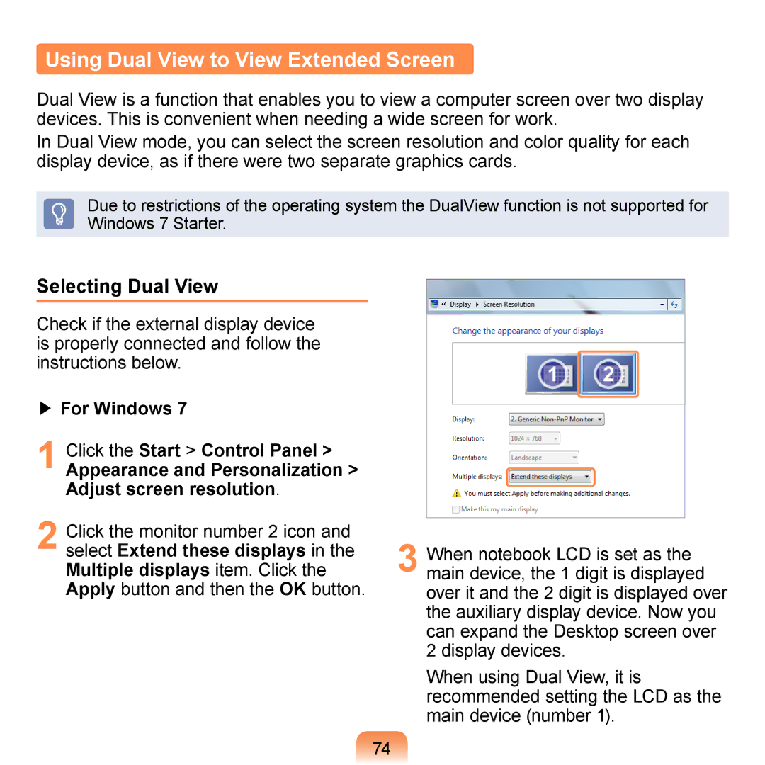 Samsung N140 manual Using Dual View to View Extended Screen, Selecting Dual View 