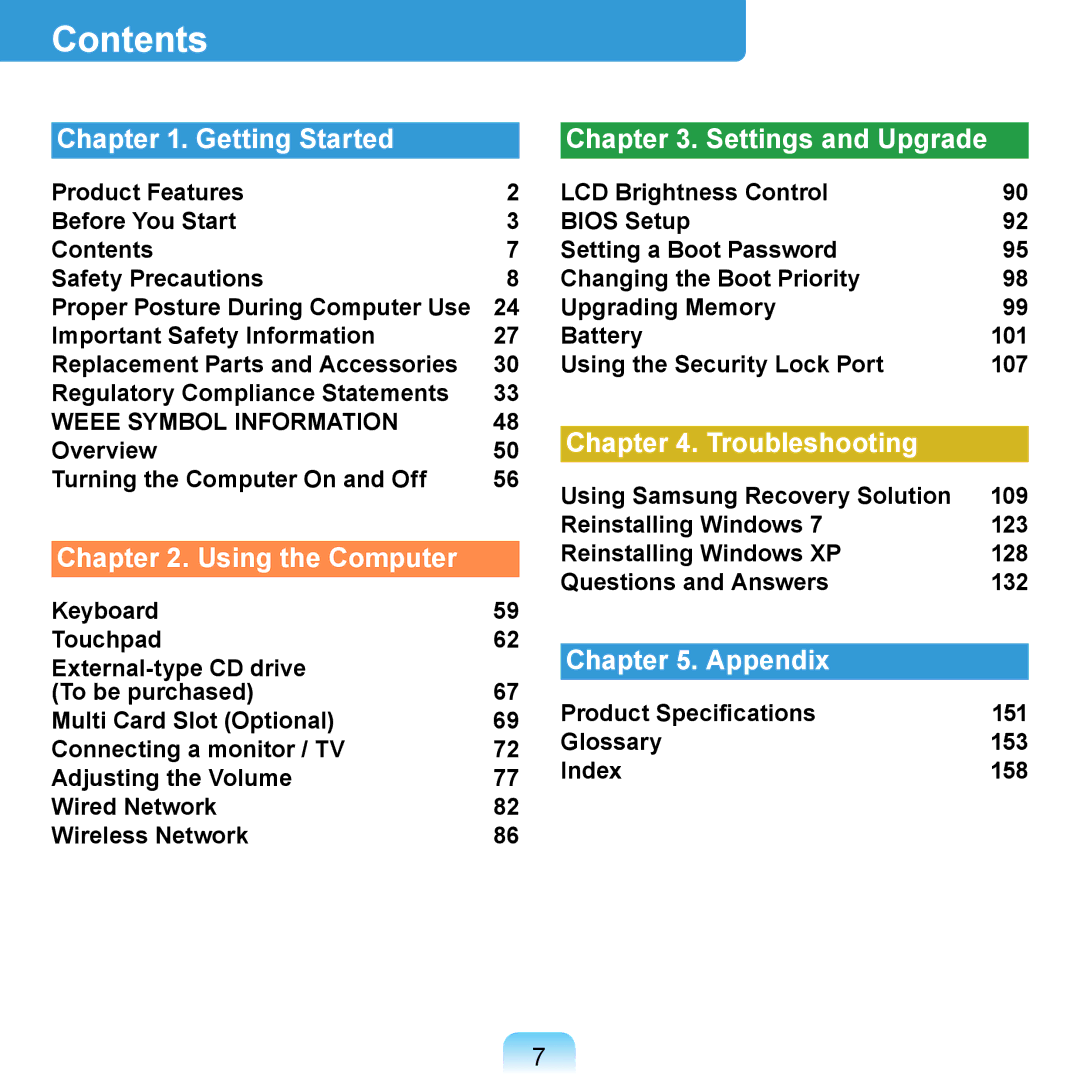 Samsung N140 manual Contents 