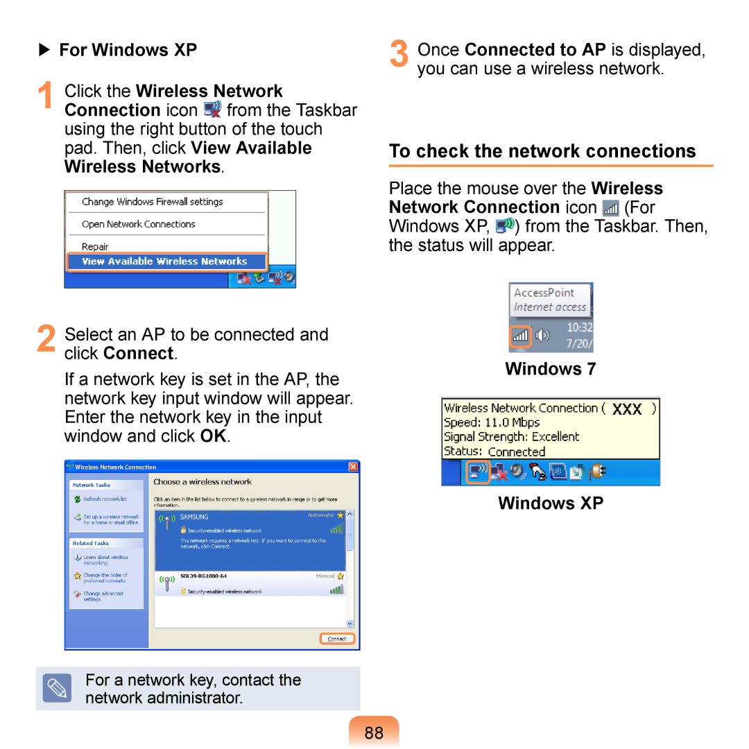 Samsung N140 manual To check the network connections, Windows Windows XP 