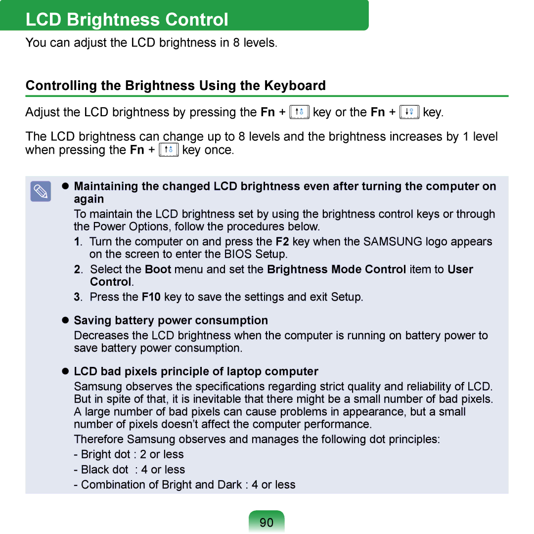 Samsung N140 LCD Brightness Control, Controlling the Brightness Using the Keyboard,  Saving battery power consumption 