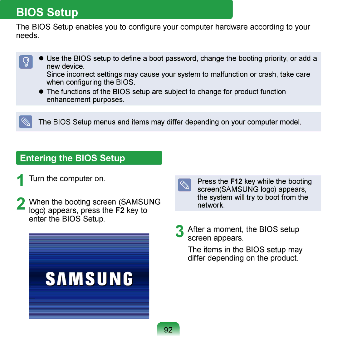 Samsung N140 manual Entering the Bios Setup, Turn the computer on, When the booting screen Samsung 