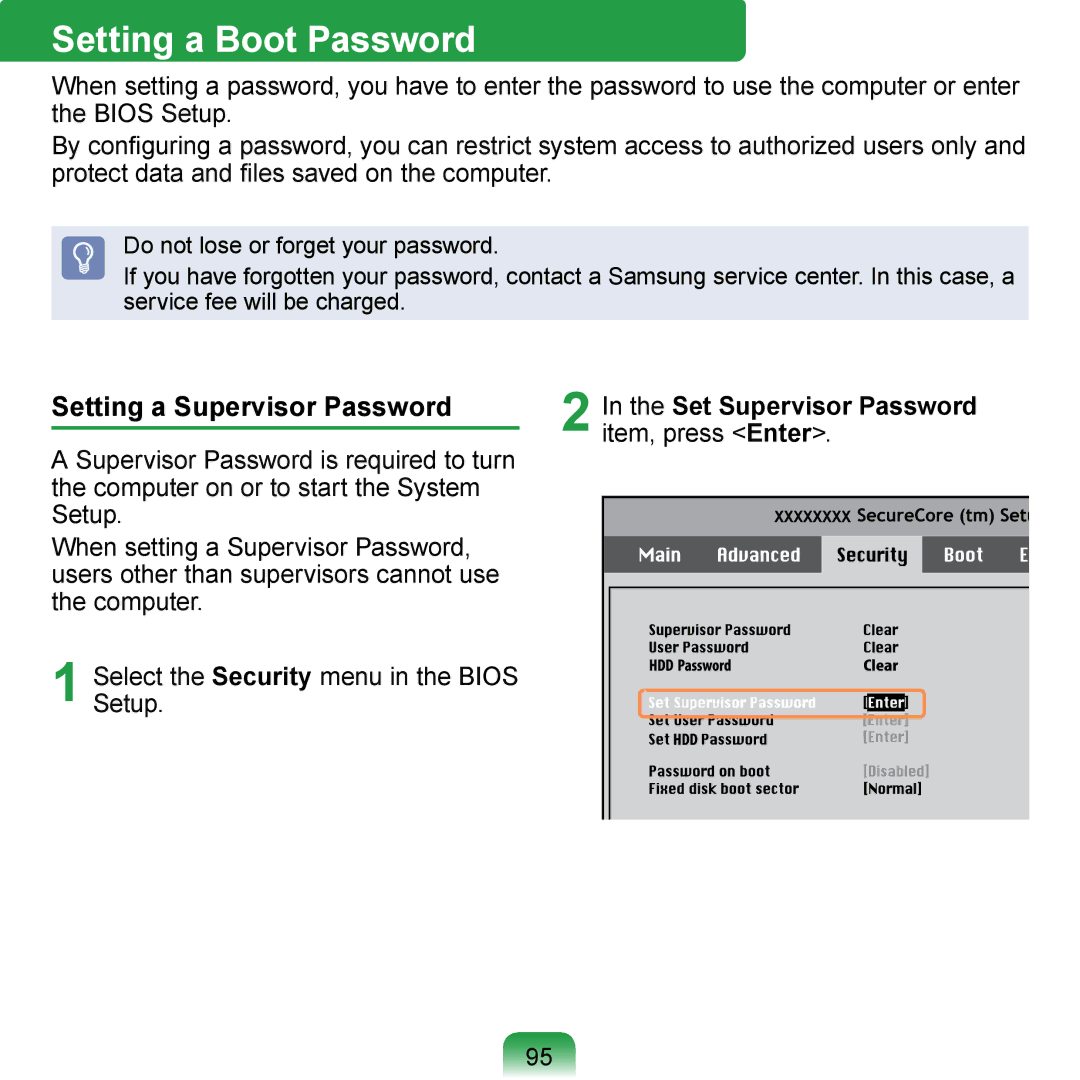 Samsung N140 manual Setting a Boot Password, Setting a Supervisor Password, Set Supervisor Password, Item, press Enter 