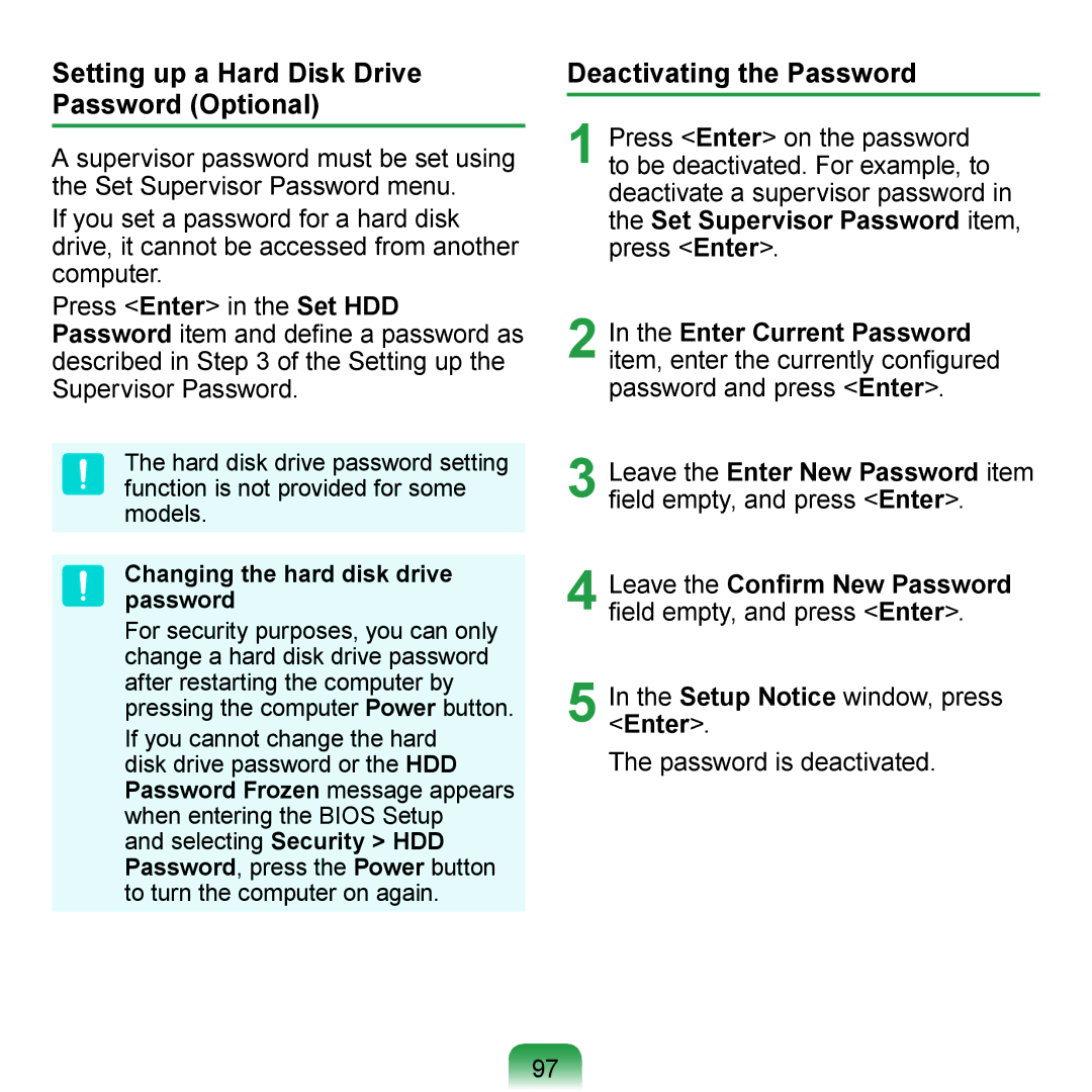 Samsung N140 manual Setting up a Hard Disk Drive Password Optional, Deactivating the Password 