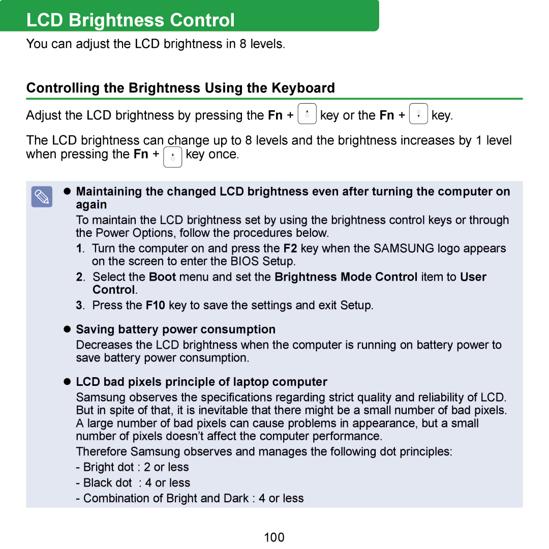 Samsung N150RED, N150BLACK, N150JP06, NB30 manual LCD Brightness Control, Controlling the Brightness Using the Keyboard, 100 