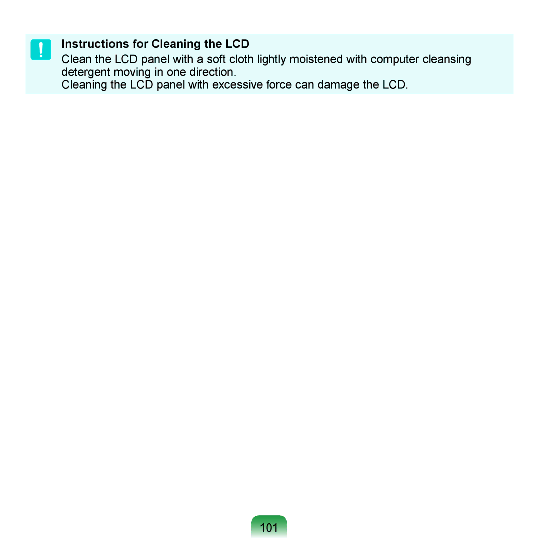 Samsung N150BLACK, N150JP06, NB30JP02, N150JP05, N150RED manual 101, Instructions for Cleaning the LCD 