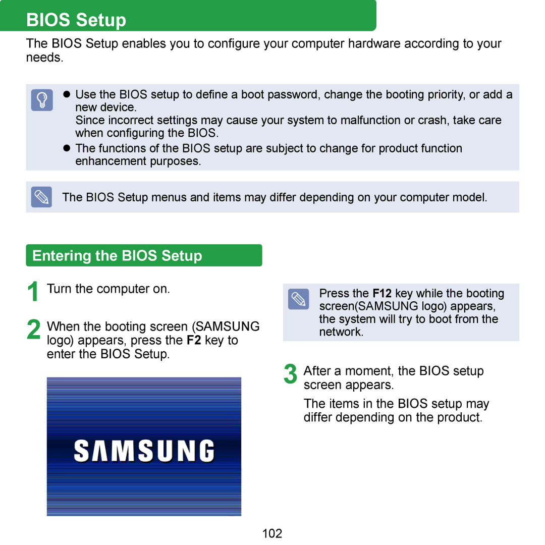 Samsung N150JP06, N150BLACK, NB30JP02, N150JP05, N150RED manual Entering the Bios Setup 