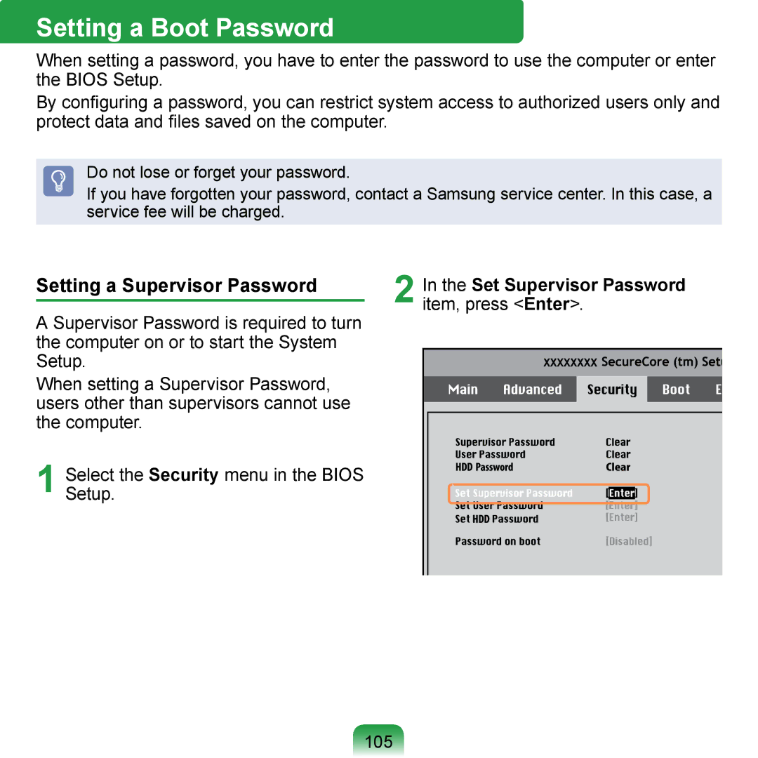 Samsung N150JP05 Setting a Boot Password, Setting a Supervisor Password, Set Supervisor Password, Item, press Enter, 105 