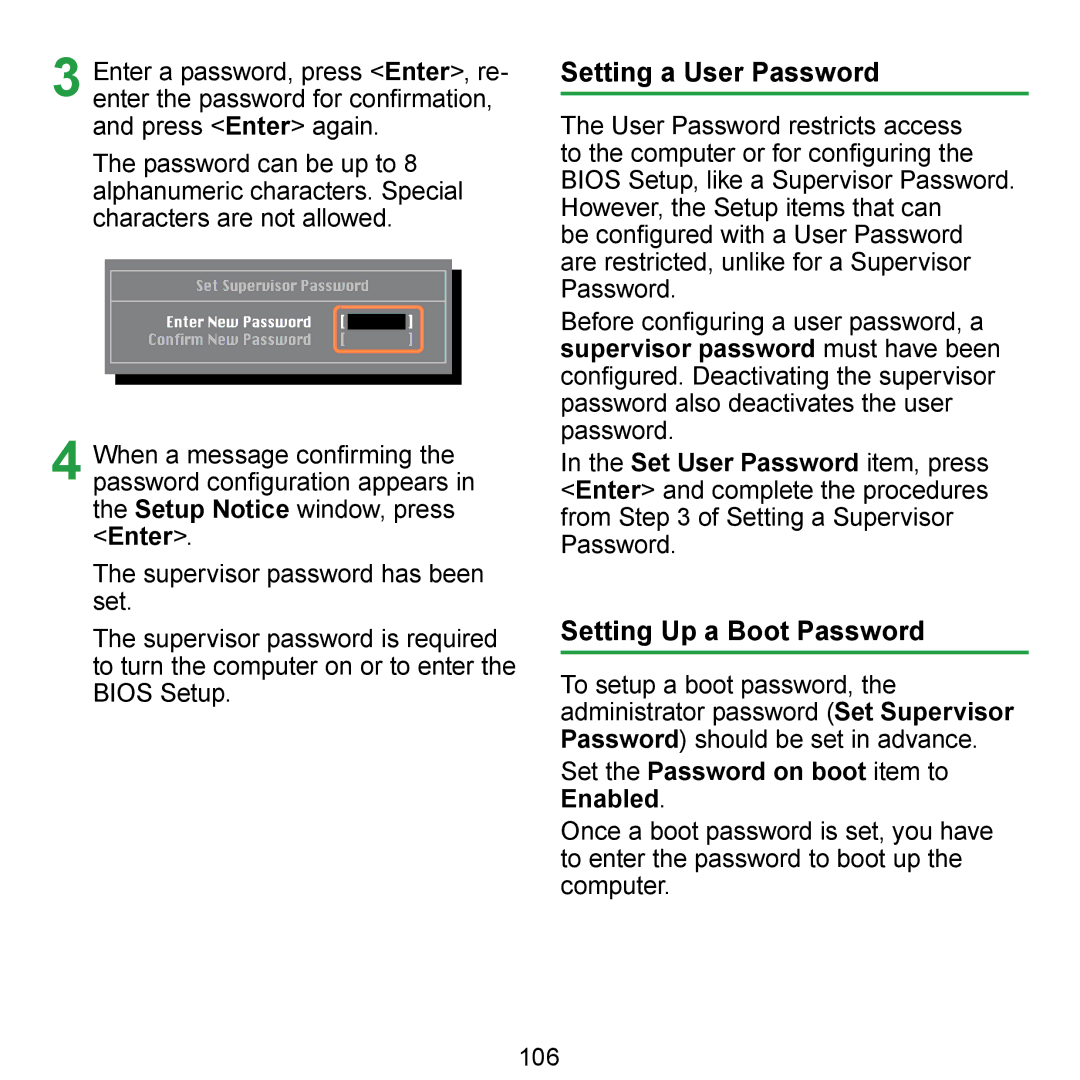 Samsung N150RED, N150BLACK Setting a User Password, Setting Up a Boot Password, Set the Password on boot item to Enabled 