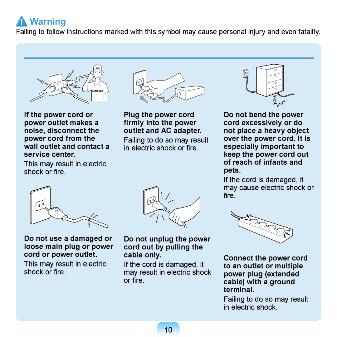 Samsung N150RED, N150BLACK, N150JP06, NB30JP02, N150JP05 manual If the cord is damaged, it may cause electric shock or fire 