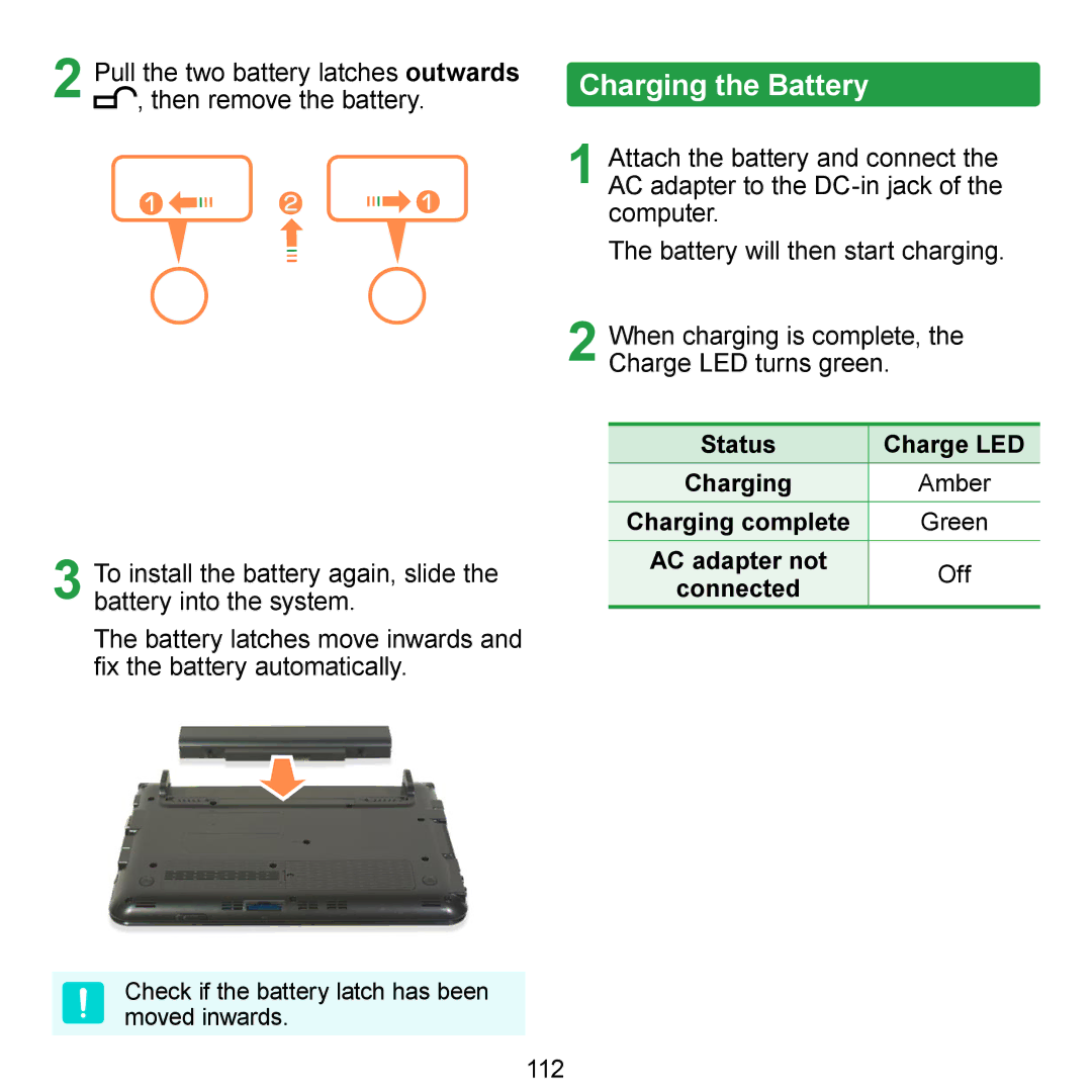 Samsung N150RED, NB30 Charging the Battery, 112, Status Charge LED Charging Amber, Charging complete Green AC adapter not 