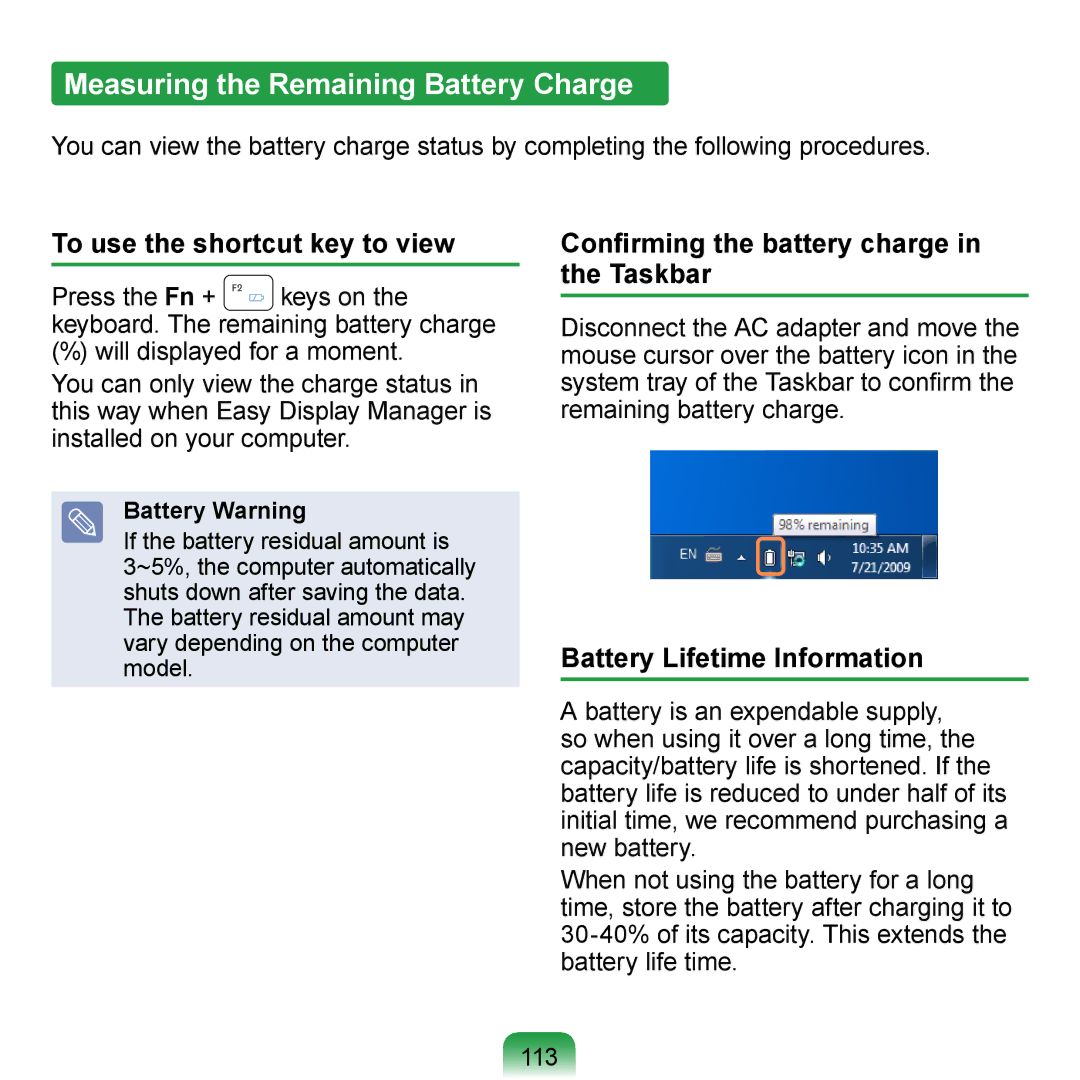 Samsung N150BLACK Measuring the Remaining Battery Charge, To use the shortcut key to view, Battery Lifetime Information 