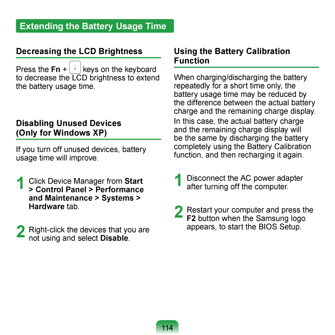 Samsung N150JP06 Extending the Battery Usage Time, Decreasing the LCD Brightness, Using the Battery Calibration Function 