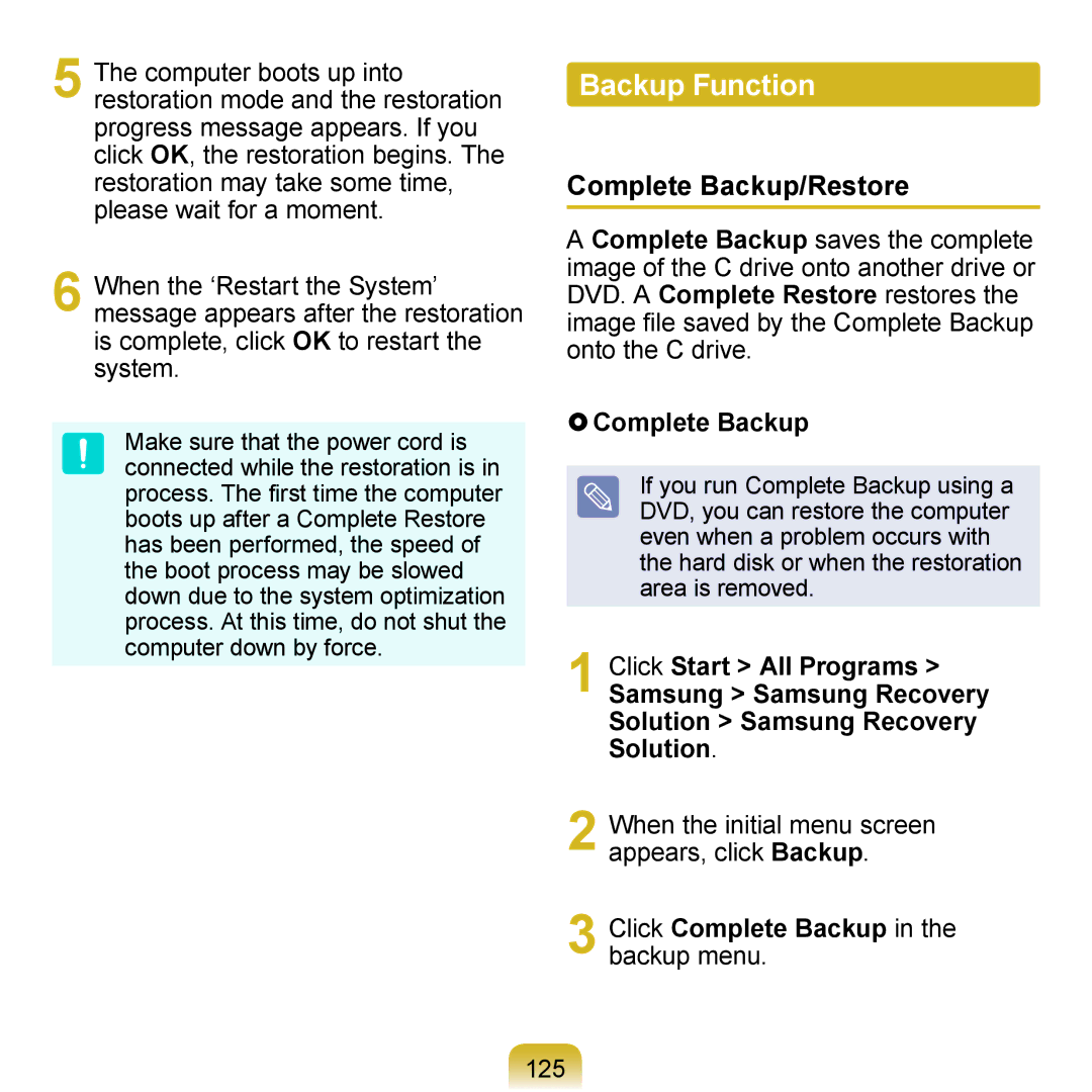 Samsung N150BLACK Backup Function, Complete Backup/Restore,  Complete Backup, Click Complete Backup, Backup menu 125 