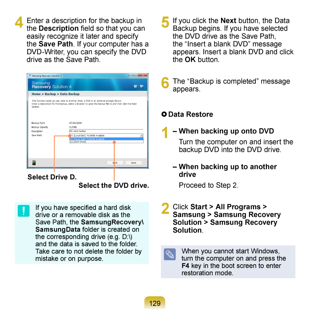 Samsung N150JP05, N150BLACK, N150JP06, NB30JP02, N150RED manual Data Restore, Backup DVD into the DVD drive, 129 