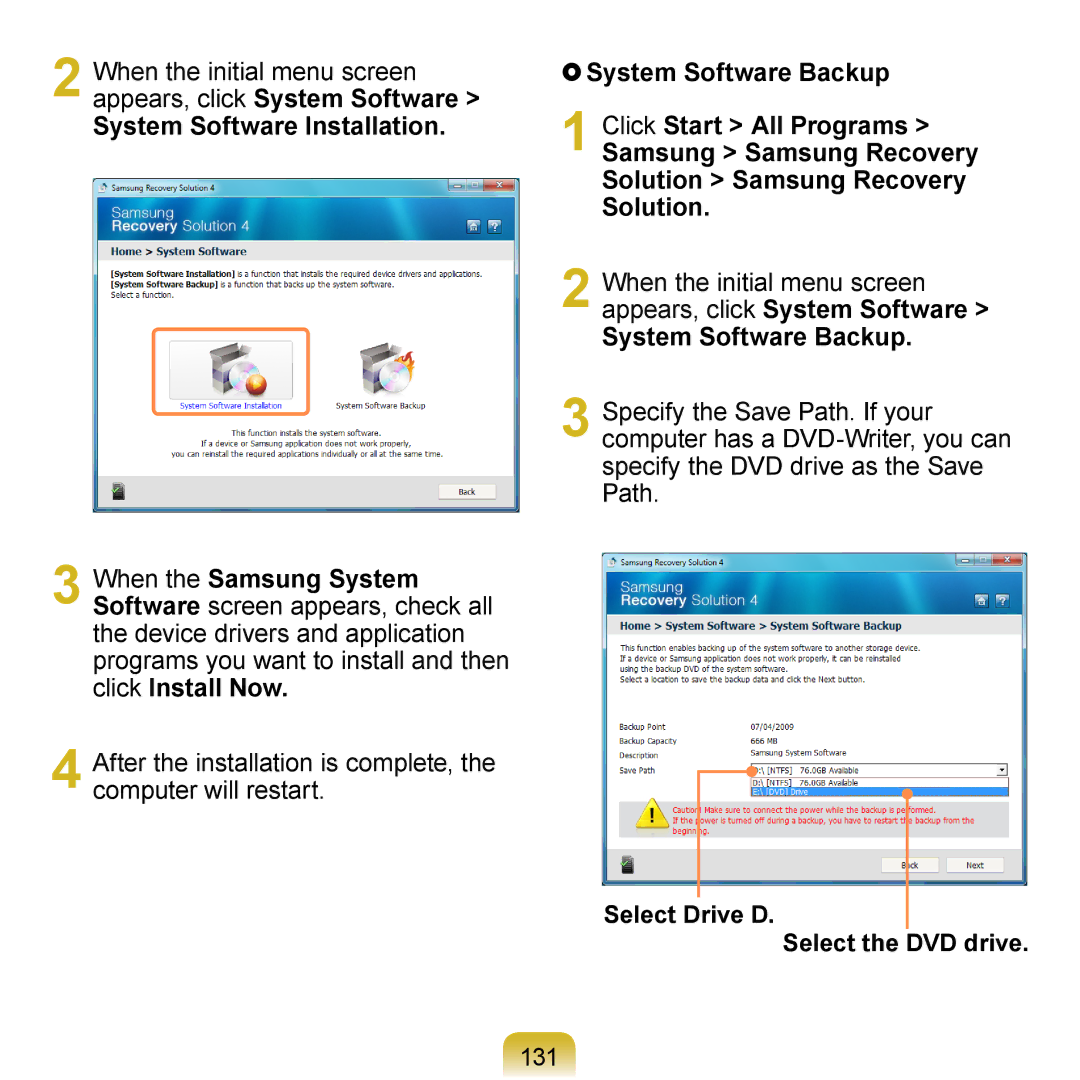 Samsung N150BLACK, N150JP06, NB30JP02, N150JP05, N150RED manual System Software Backup, 131 