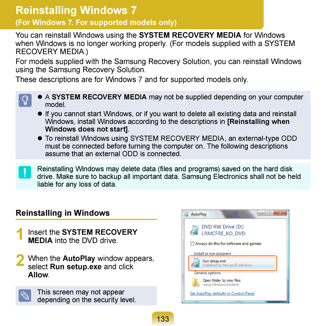 Samsung NB30 manual Reinstalling Windows, Reinstalling in Windows, 133, Insert the System Recovery Media into the DVD drive 