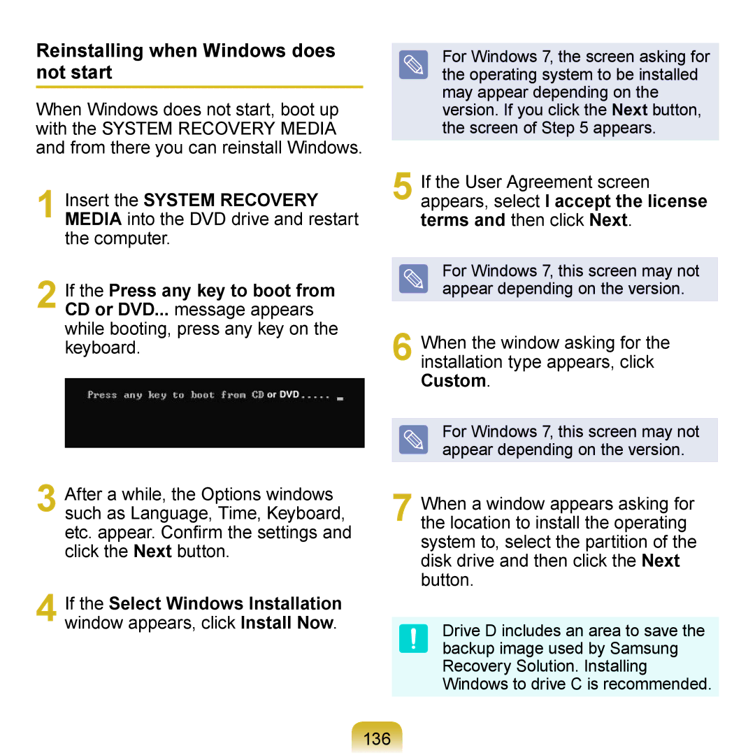 Samsung N150RED, N150BLACK, N150JP06, NB30JP02, N150JP05 manual Reinstalling when Windows does not start, 136 