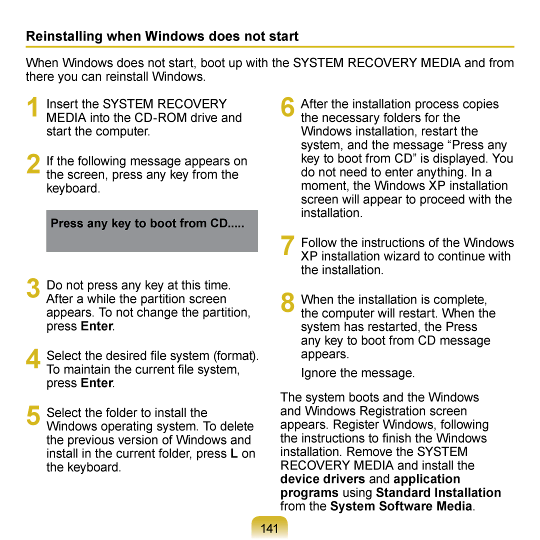 Samsung N150JP05, N150BLACK, N150JP06, NB30JP02, N150RED manual 141, Press any key to boot from CD 