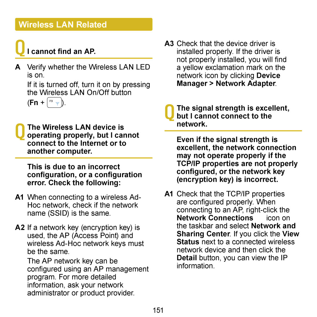 Samsung NB30, N150BLACK manual Wireless LAN Related, QI cannot find an AP, Verify whether the Wireless LAN LED is on, Fn + 