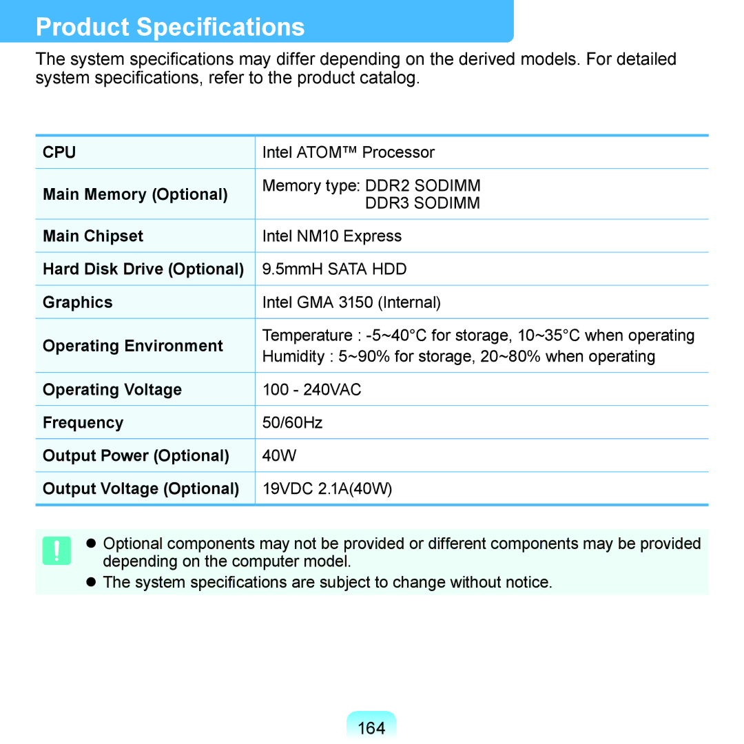 Samsung NB30JP02, N150BLACK, N150JP06, N150JP05, N150RED manual Product Specifications, 164 