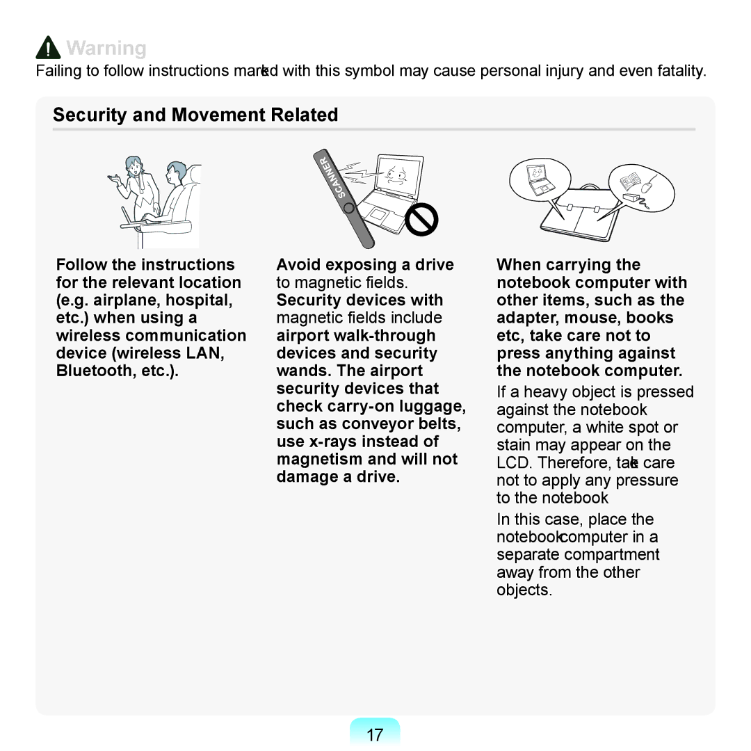 Samsung N150BLACK, N150JP06, NB30JP02, N150JP05, N150RED manual Security and Movement Related 