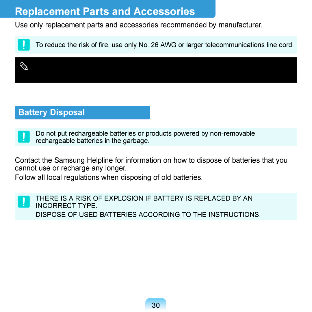 Samsung N150JP06, N150BLACK, NB30JP02, N150JP05, N150RED manual Replacement Parts and Accessories, Battery Disposal 