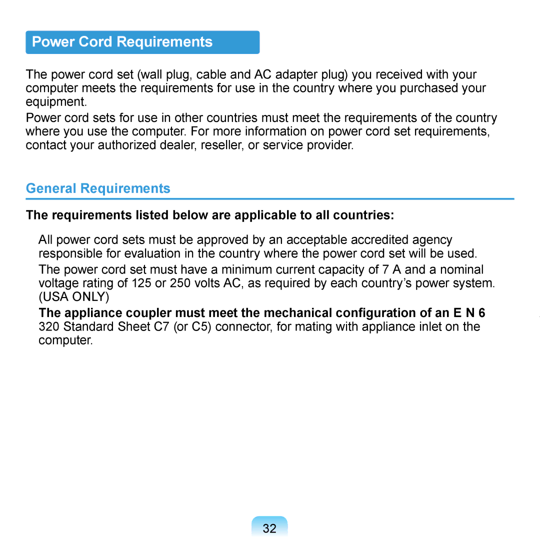 Samsung NB30JP02 Power Cord Requirements, General Requirements, Requirements listed below are applicable to all countries 