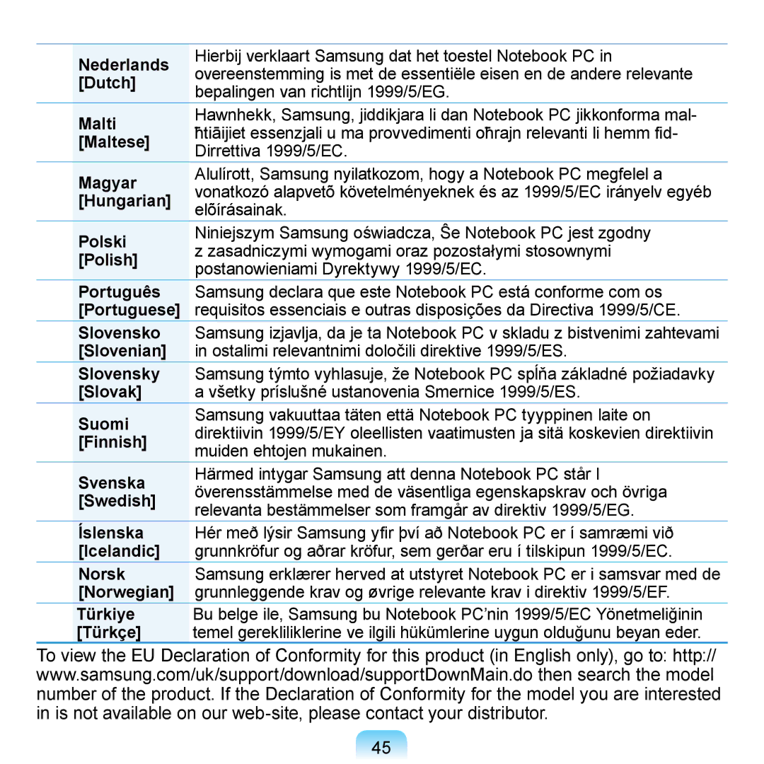 Samsung N150JP05 Nederlands, Dutch, Malti, Maltese, Magyar, Hungarian, Polski, Polish, Português, Portuguese, Slovensko 