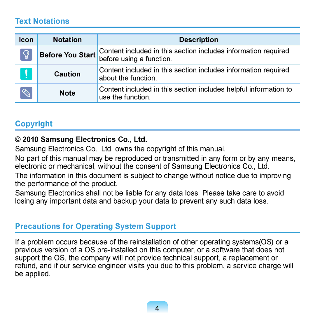 Samsung N150RED, N150BLACK Text Notations, Copyright, Precautions for Operating System Support, Icon Notation Description 