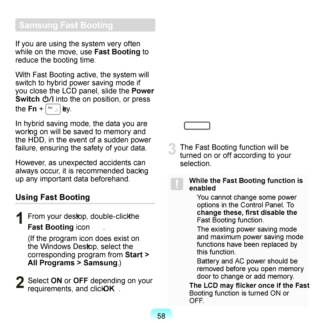 Samsung N150RED Samsung Fast Booting, Using Fast Booting, Fn + key, From your desktop, double-click the Fast Booting icon 