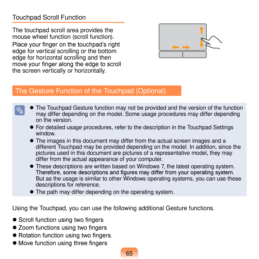 Samsung N150BLACK, N150JP06, NB30JP02, N150JP05 manual Gesture Function of the Touchpad Optional, Touchpad Scroll Function 