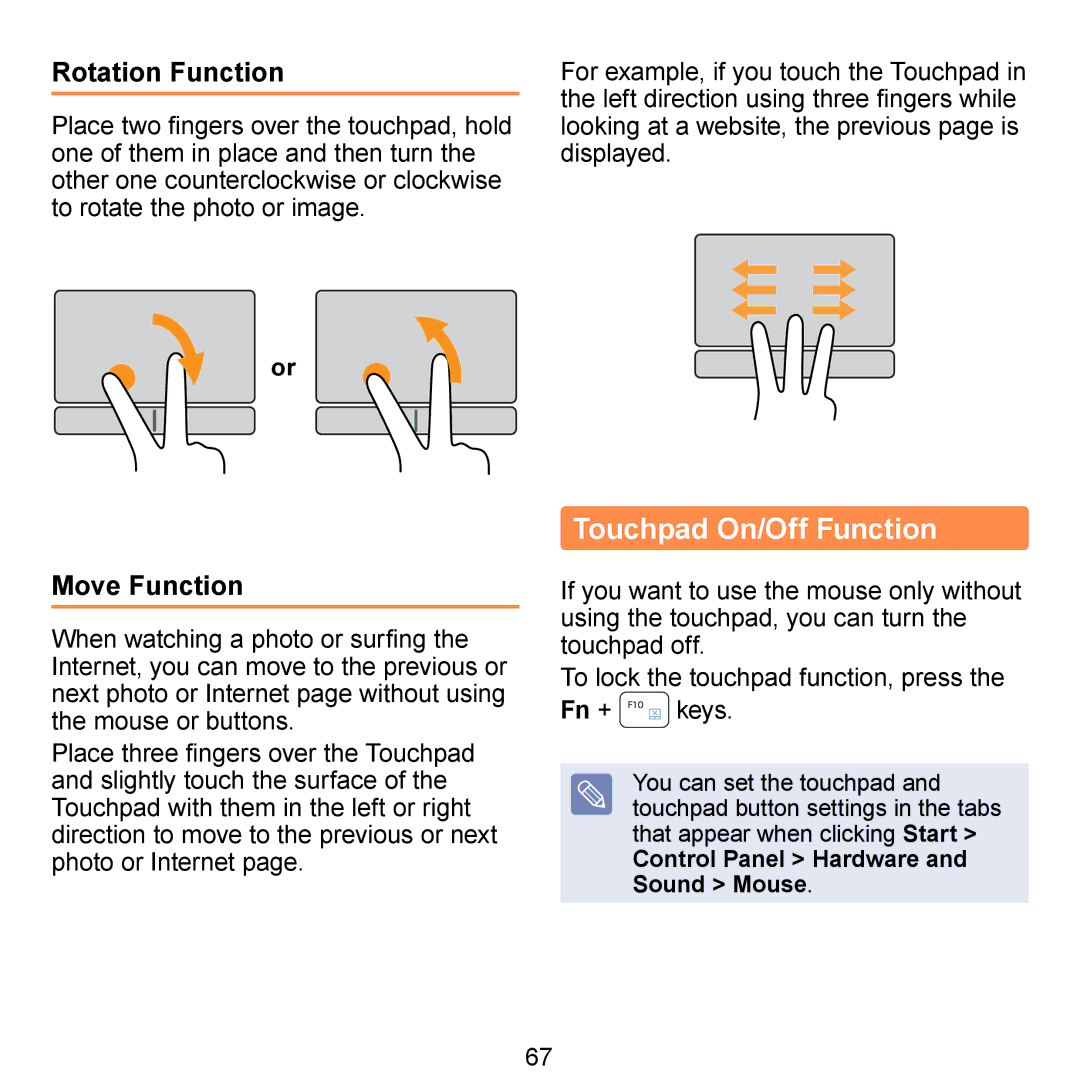 Samsung NB30, N150BLACK Touchpad On/Off Function, Rotation Function, Move Function, Control Panel Hardware Sound Mouse 