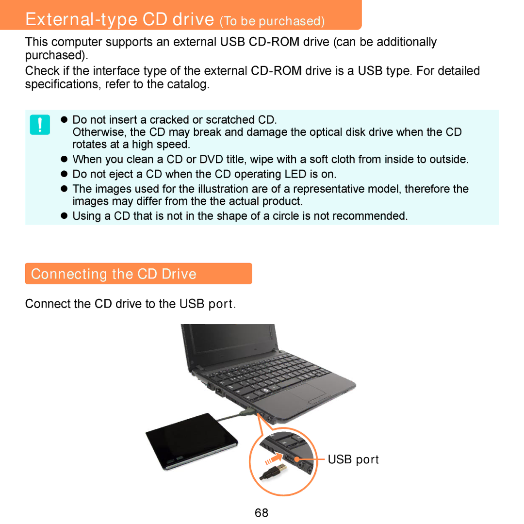 Samsung NB30JP02 External-type CD drive To be purchased, Connecting the CD Drive, Connect the CD drive to the USB port 