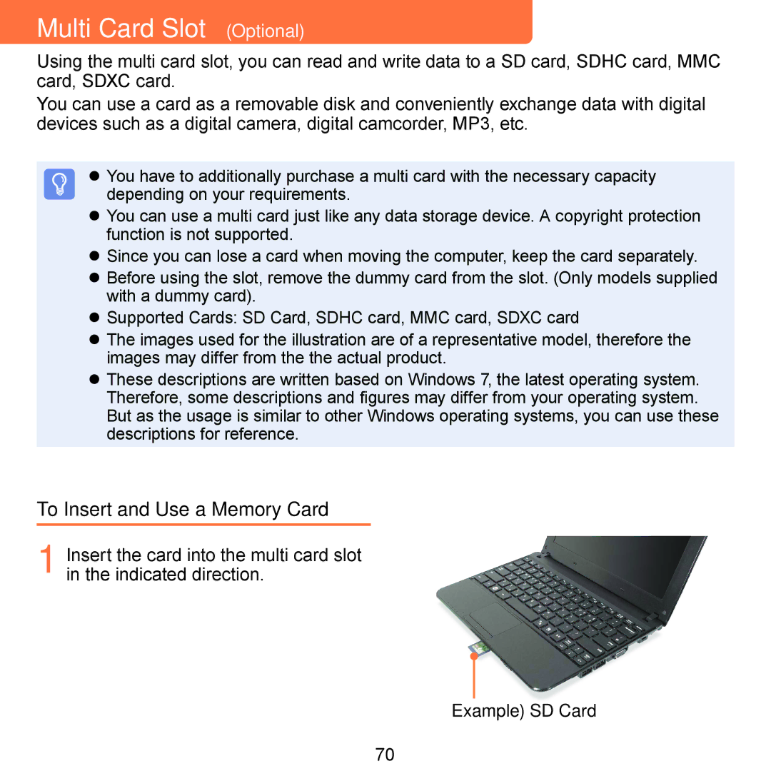 Samsung N150RED, N150BLACK, N150JP06, NB30 manual Multi Card Slot Optional, To Insert and Use a Memory Card, Example SD Card 