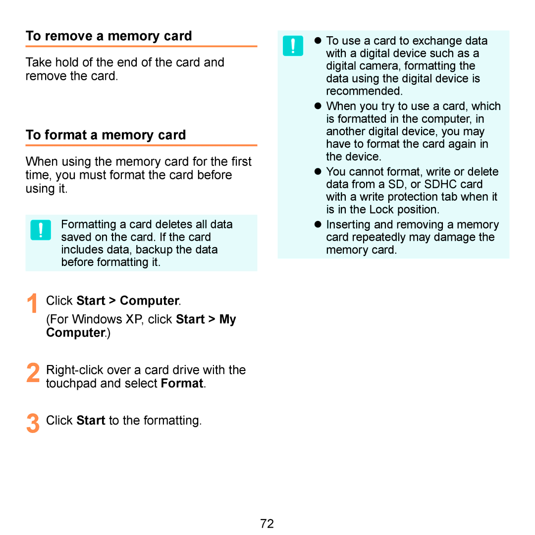 Samsung N150JP06 To remove a memory card, To format a memory card, Take hold of the end of the card and remove the card 