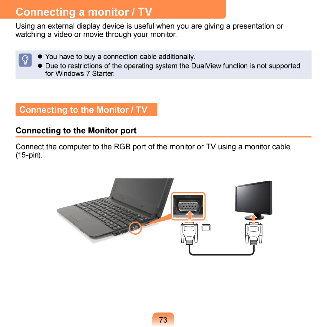 Samsung NB30, N150BLACK, N150JP06 Connecting a monitor / TV, Connecting to the Monitor / TV, Connecting to the Monitor port 