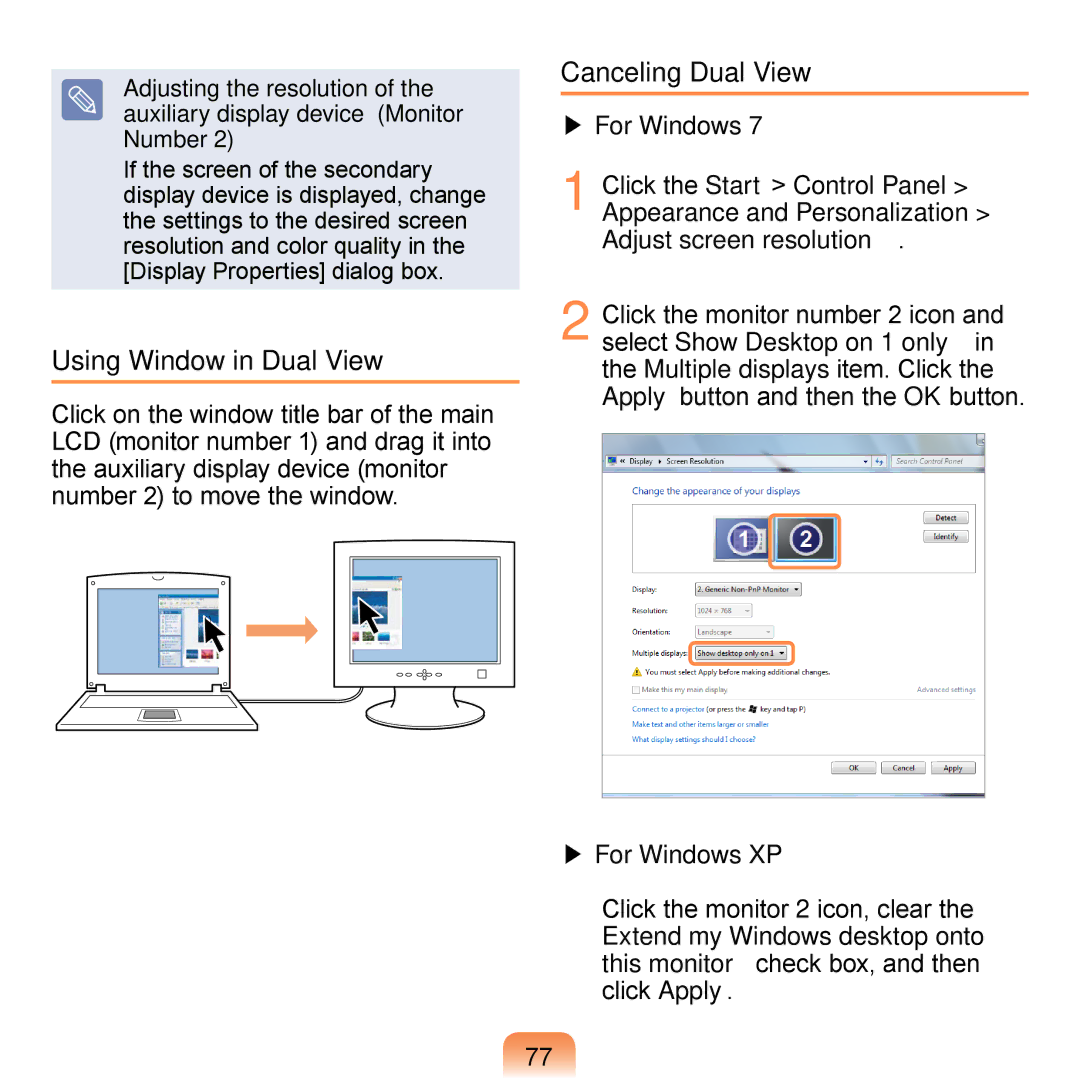 Samsung N150BLACK, N150JP06, NB30JP02 Using Window in Dual View, Canceling Dual View, Click the monitor 2 icon, clear 