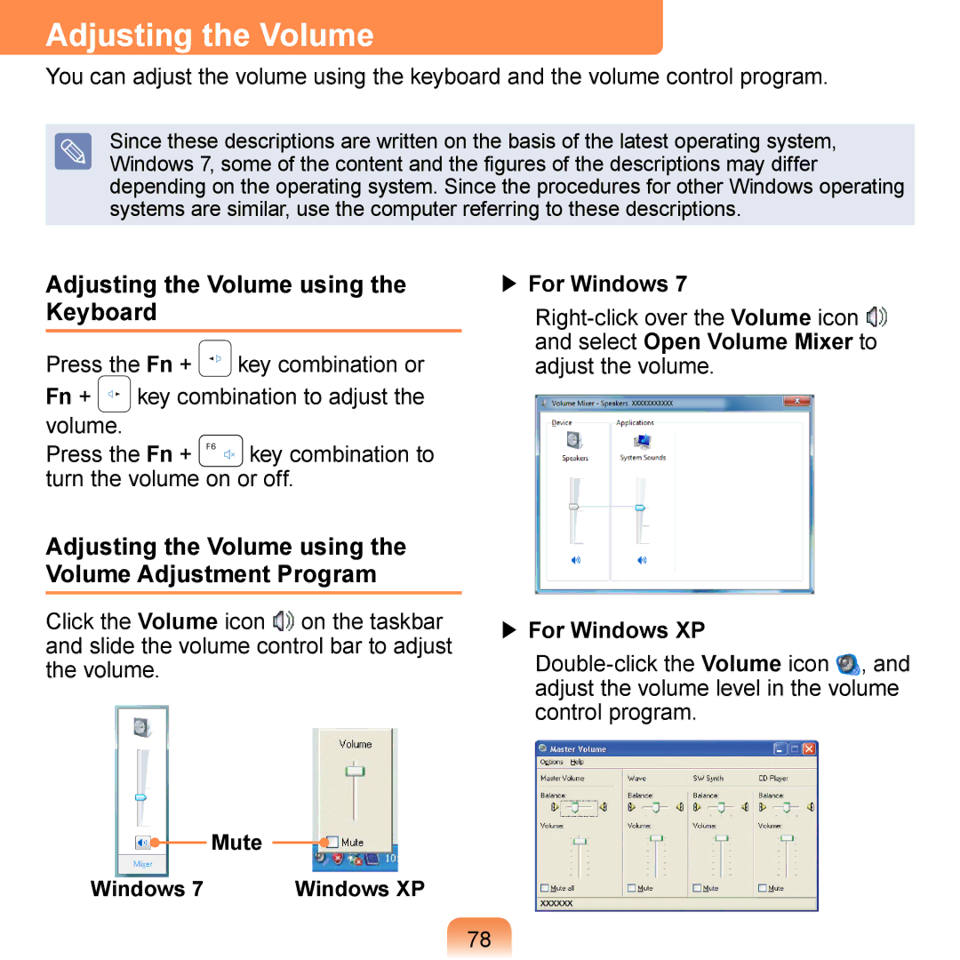 Samsung N150JP06 Adjusting the Volume using the Keyboard, Adjusting the Volume using the Volume Adjustment Program 