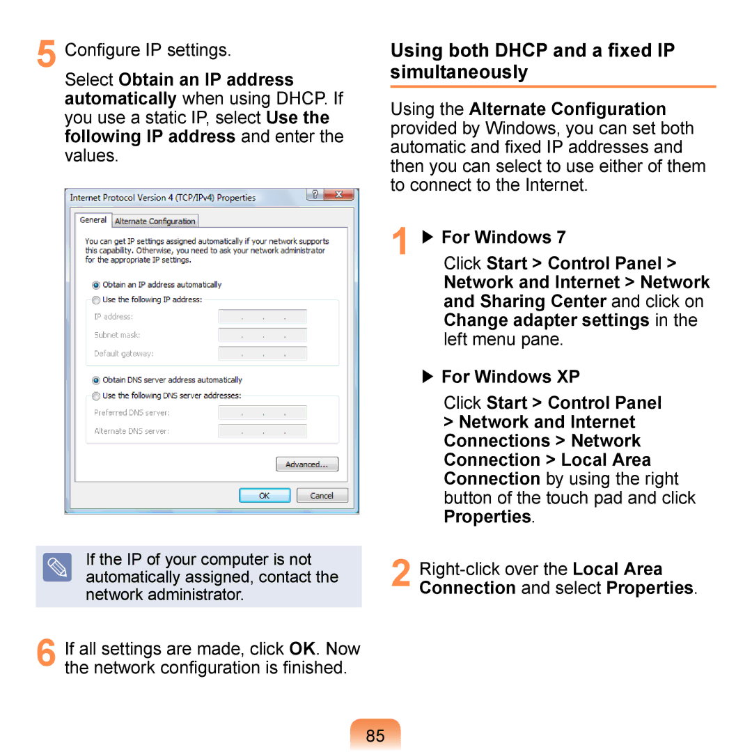 Samsung NB30, N150BLACK Using both Dhcp and a fixed IP simultaneously, Configure IP settings, Select Obtain an IP address 