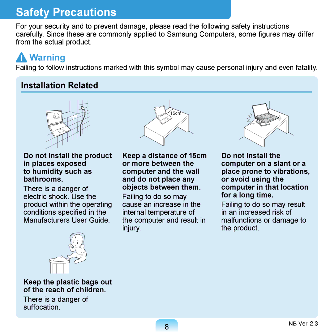 Samsung NB30JP02, N150BLACK, N150JP06, N150JP05, N150RED manual Safety Precautions, Installation Related 