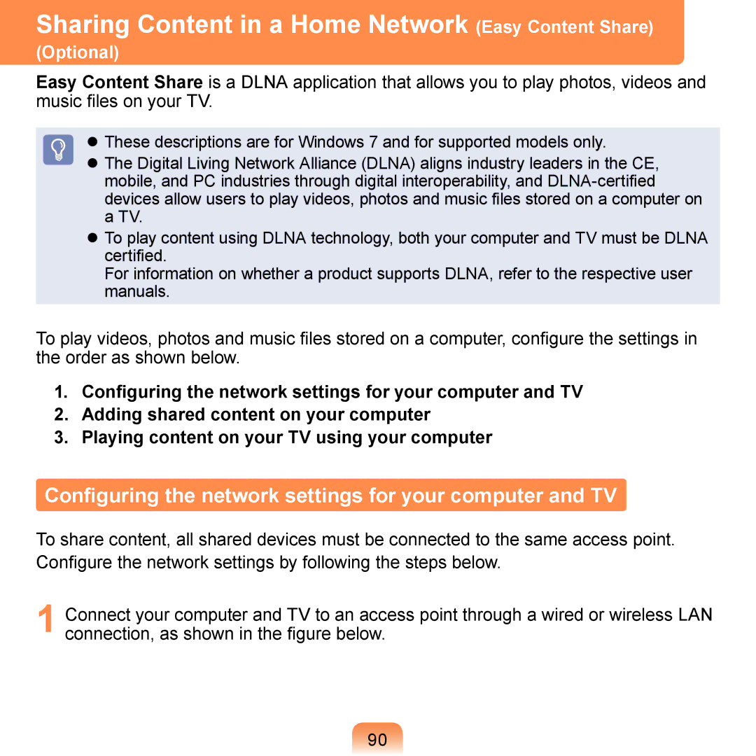 Samsung N150JP06, N150BLACK, NB30JP02, N150JP05, N150RED manual Sharing Content in a Home Network Easy Content Share 