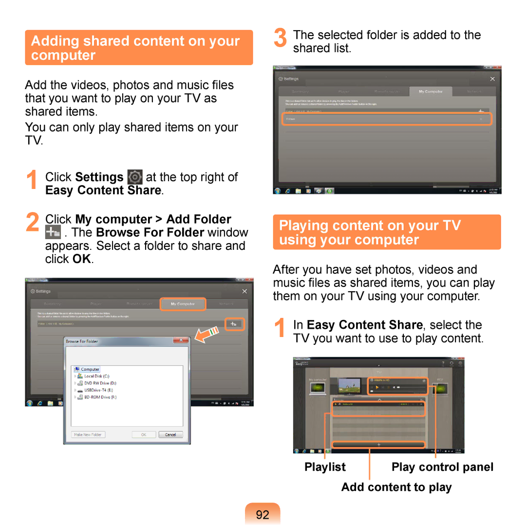 Samsung NB30JP02, N150BLACK, N150RED Adding shared content on your computer, Playing content on your TV using your computer 