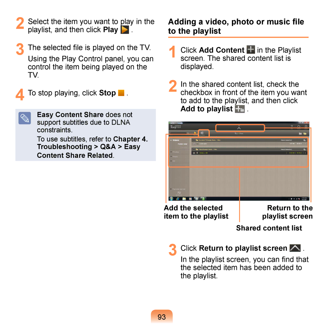 Samsung N150JP05, NB30 Adding a video, photo or music file to the playlist, To stop playing, click Stop, Add the selected 