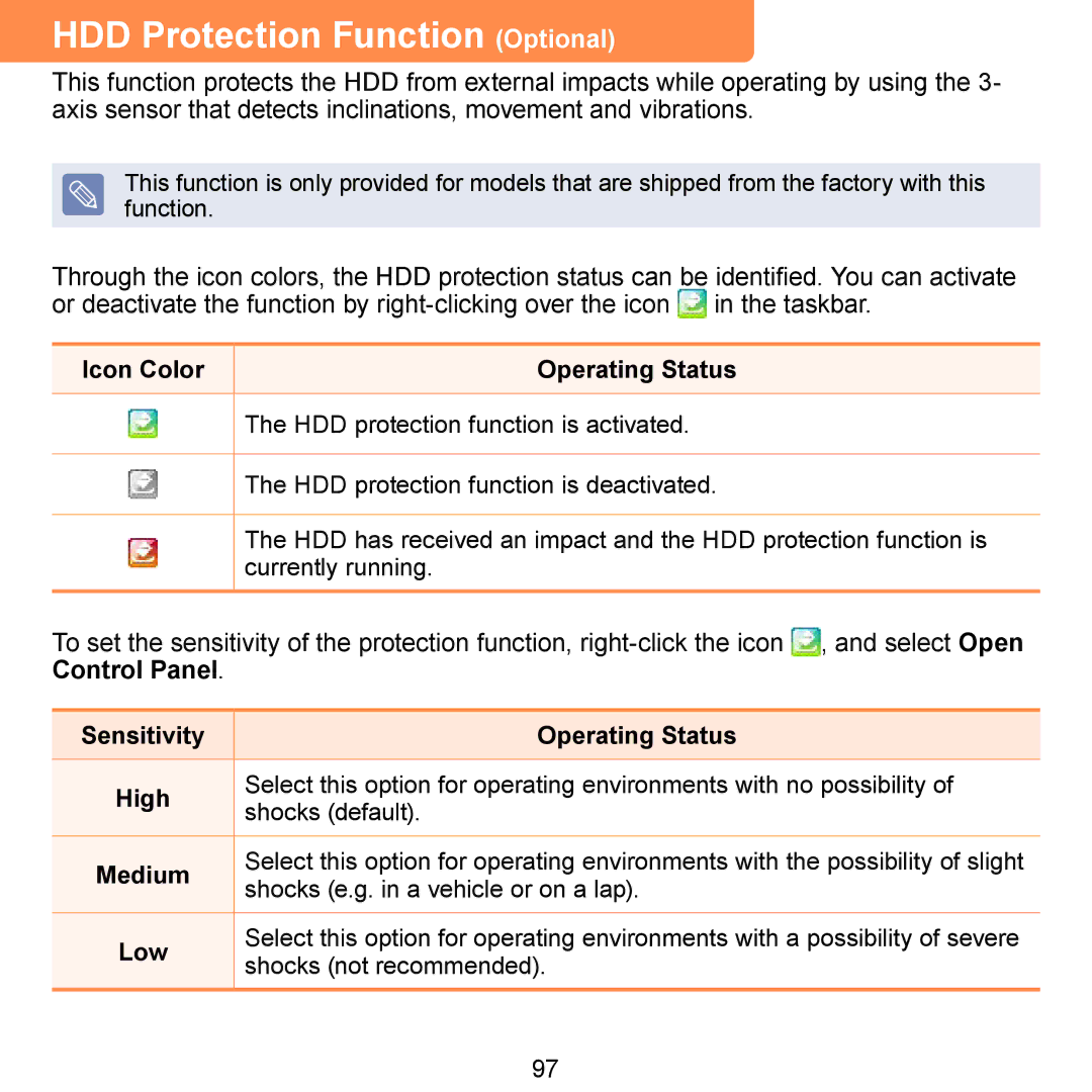 Samsung NB30 HDD Protection Function Optional, Icon Color Operating Status, Sensitivity Operating Status High, Medium, Low 